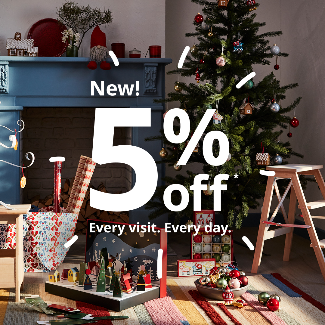 A living room decorated for the holidays. New! IKEA Family members save 5%. Every visit. Every day.