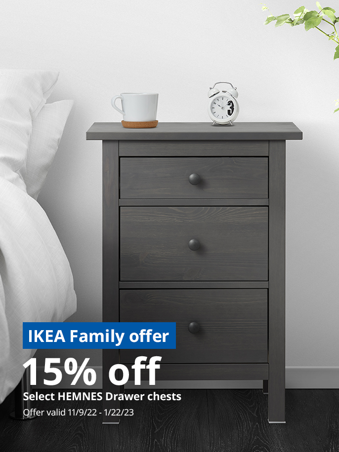 IKEA Family offer 15% off select HEMNES drawer chests offer valid 11/9/22 - 1/22/23